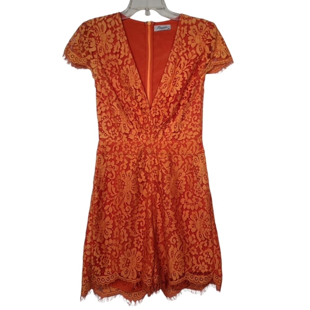 Lumier By Bariano Orange V Neck Floral Lace Lined Short Sleeves Romper XS